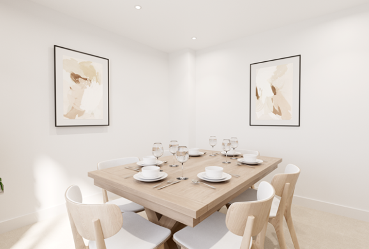 A dining room with a table set for a meal and chairs.