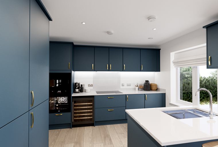 A modern kitchen with navy blue cabinets, integrated appliances, and a large island.