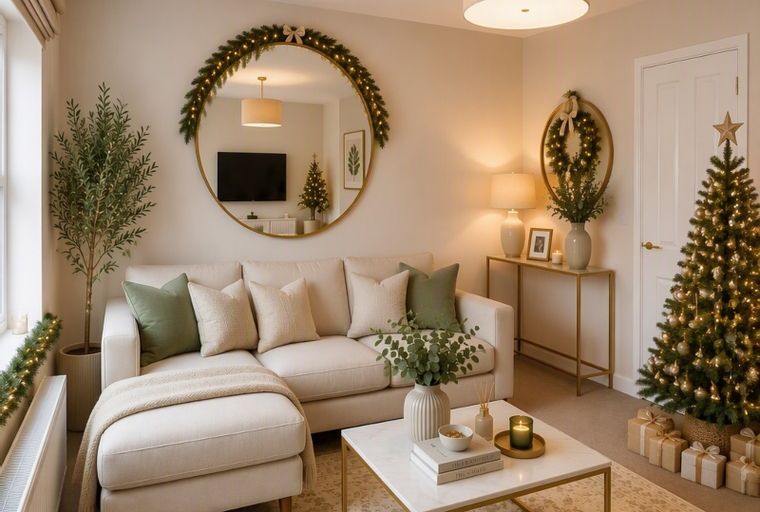 A living room decorated for Christmas with a sofa, coffee table, and Christmas tree.
