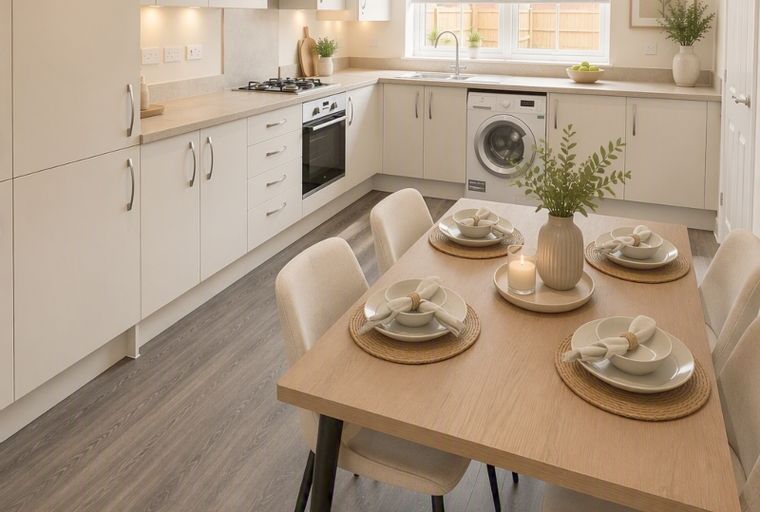 A kitchen and dining area with cream cabinets, a gas hob, an oven, a washing machine, and a wooden dining table with chairs.