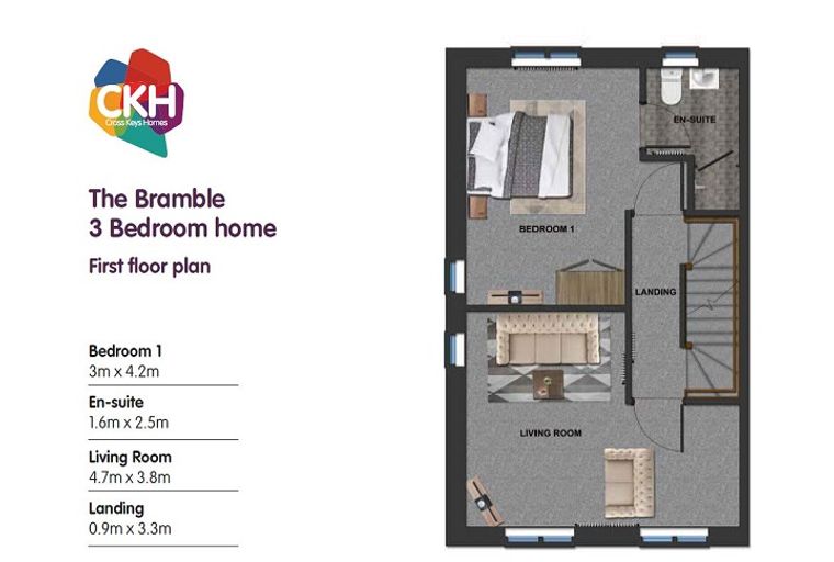 A first-floor plan of a 3-bedroom home called 'The Bramble' with labeled rooms and dimensions.