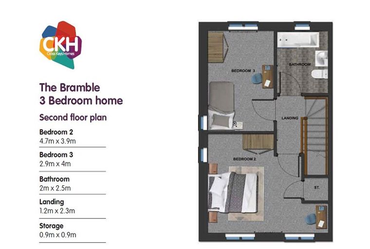 A second floor plan of The Bramble 3 Bedroom home, showing Bedroom 2, Bedroom 3, Bathroom, Landing, and Storage.