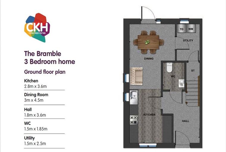 A ground floor plan of The Bramble 3 Bedroom home, showing the kitchen, dining room, hall, WC, and utility.