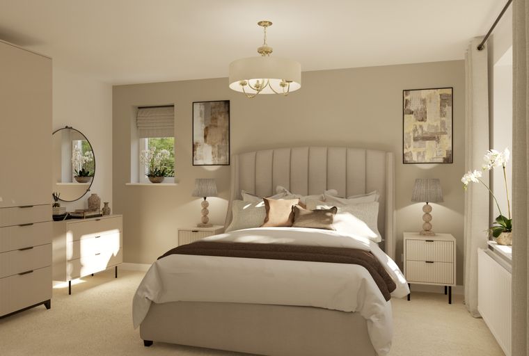A bedroom with a bed, bedside tables, and a window.