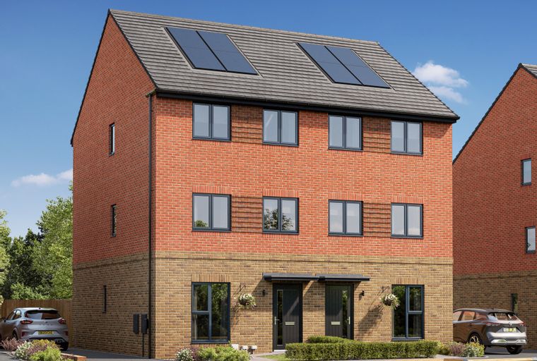 A modern brick house with solar panels on the roof and two front doors.