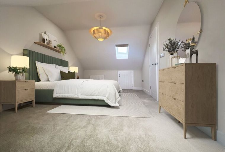 A bedroom with a bed, nightstand, dresser, and a mirror.