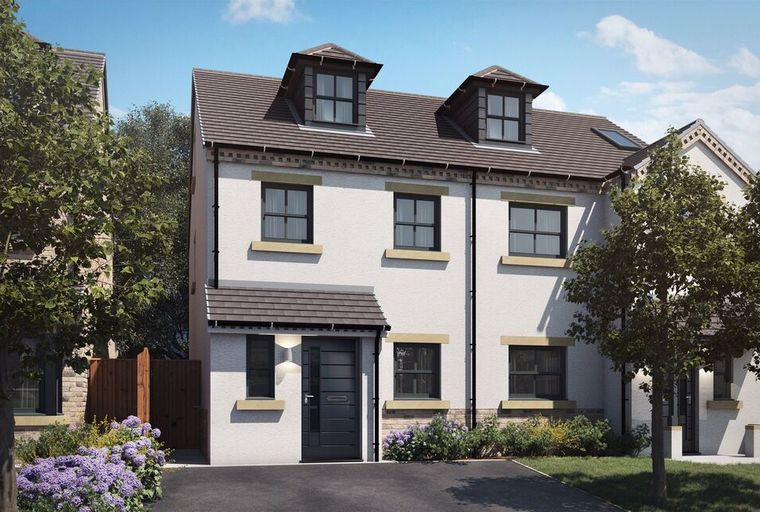 A modern house with dark windows and dormers.