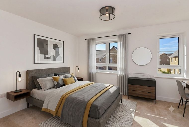 A bedroom with a bed, nightstands, a dresser, and windows.