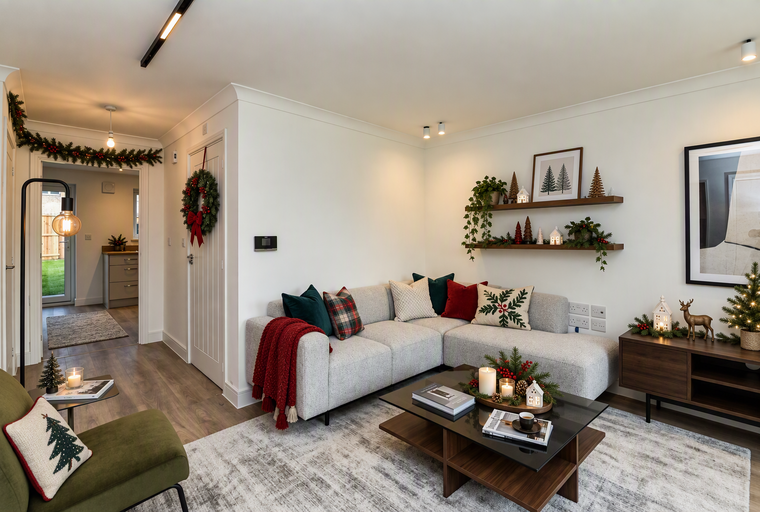 A living room decorated for Christmas with a sectional sofa, coffee table, and festive decor.