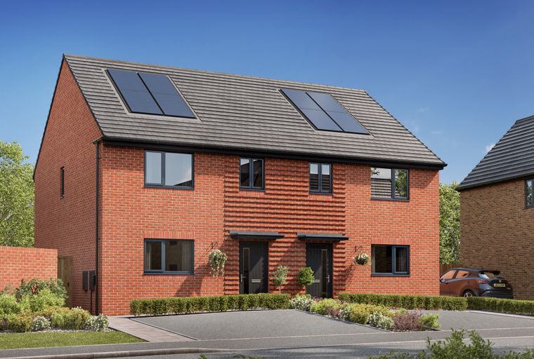 A pair of red brick semi-detached houses with grey tiled roofs and solar panels under a clear blue sky.