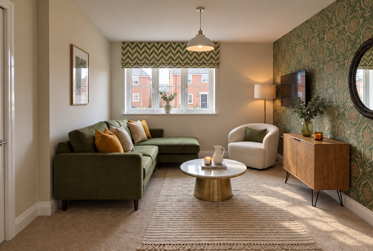 A living room with a green sectional sofa, a coffee table, a rug, and a patterned accent wall.