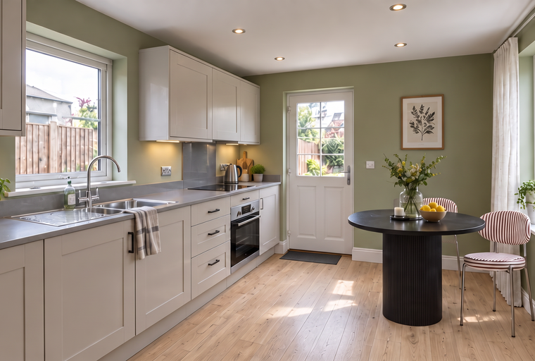 A kitchen with light-colored cabinets, a sink, an oven, and a round dining table with chairs.