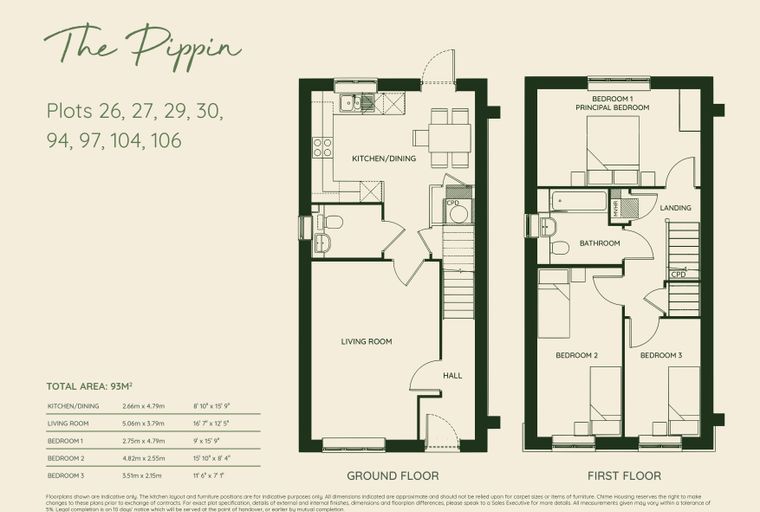 A floorplan for 'The Pippin' house type, showing the ground and first floors with room dimensions and labels.