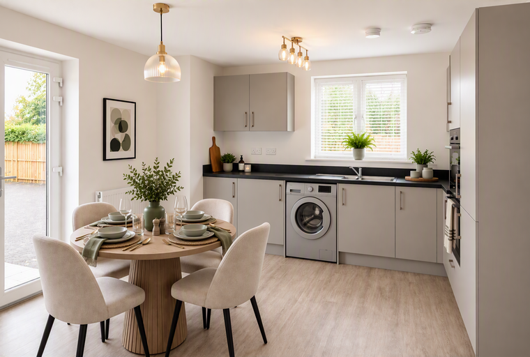 A kitchen and dining area with a round table, chairs, cabinets, and a washing machine.