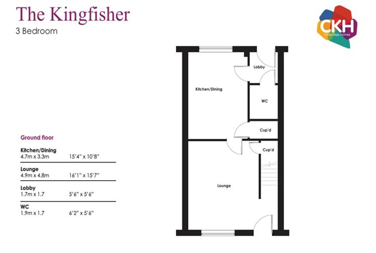 A floor plan for a 3-bedroom house called 'The Kingfisher', showing the ground floor layout with rooms labeled Kitchen/Dining, Lounge, Lobby, and WC, along with their dimensions.