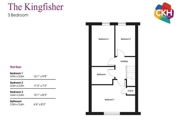 A floor plan for 'The Kingfisher' 3-bedroom house, showing the layout of the first floor with bedrooms, bathroom, landing, and a cupboard.