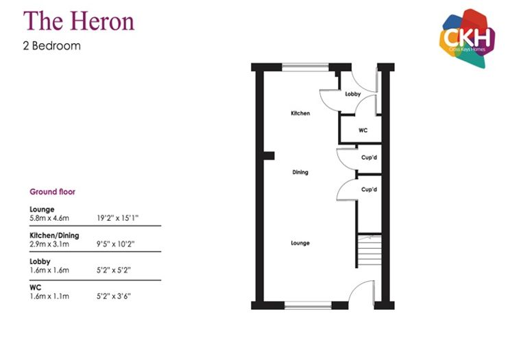 A floor plan for 'The Heron' 2-bedroom property, detailing the ground floor layout with dimensions for the lounge, kitchen/dining area, lobby, and WC.