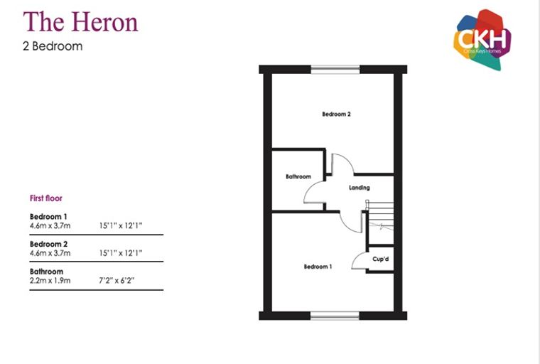 A floor plan for a 2-bedroom property called 'The Heron', showing two bedrooms, a bathroom, a landing, and a cup'd.