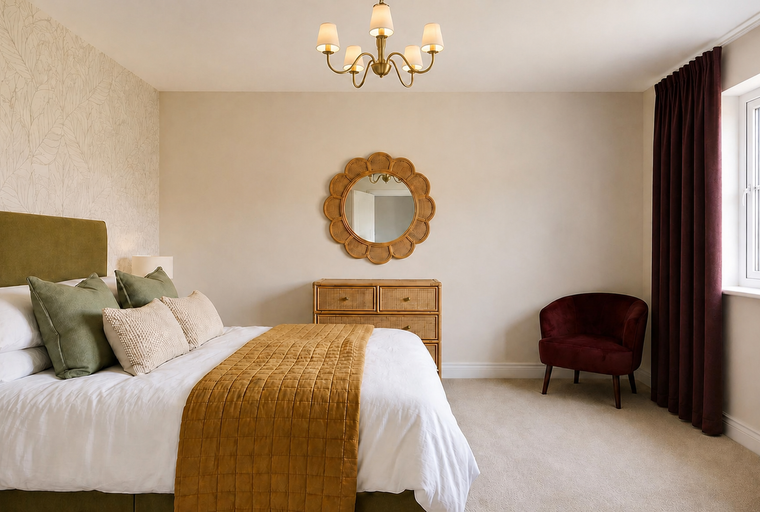 A bedroom with a bed, pillows, a throw blanket, a dresser, a mirror, a chair, curtains, and a window.