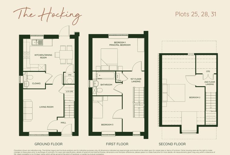 A floorplan of a three-story house named 'The Hocking' with ground, first, and second floors detailed.