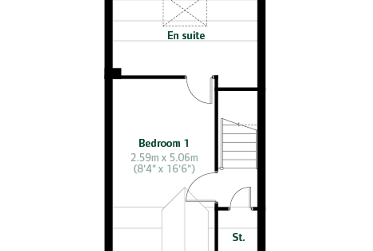 A floor plan showing Bedroom 1 with an en suite and storage.