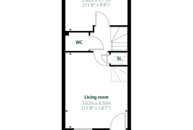 A floor plan showing a living room, kitchen/dining room, WC, hall, and stairs.