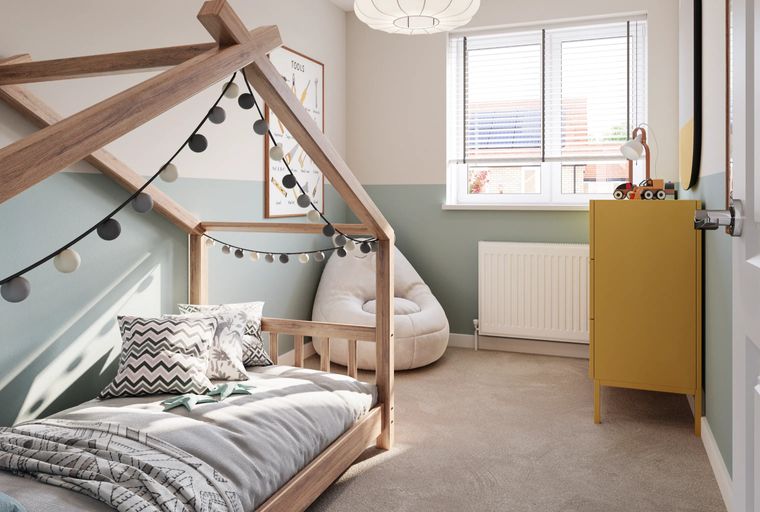 A child's bedroom with a house-shaped bed, a yellow cabinet, and a window.