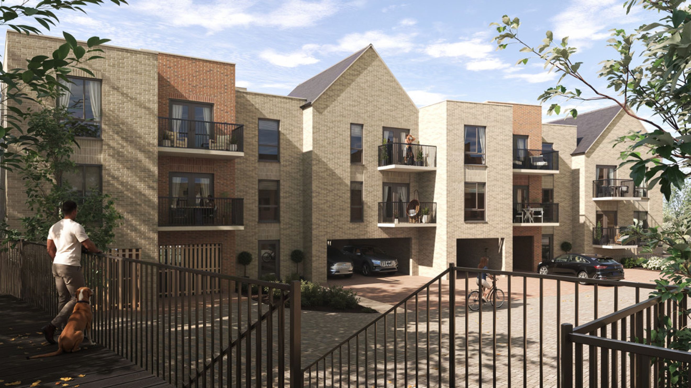 A modern apartment building with balconies and garages.