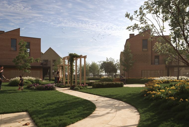 A courtyard with modern brick townhouses, a pergola, and landscaped gardens.