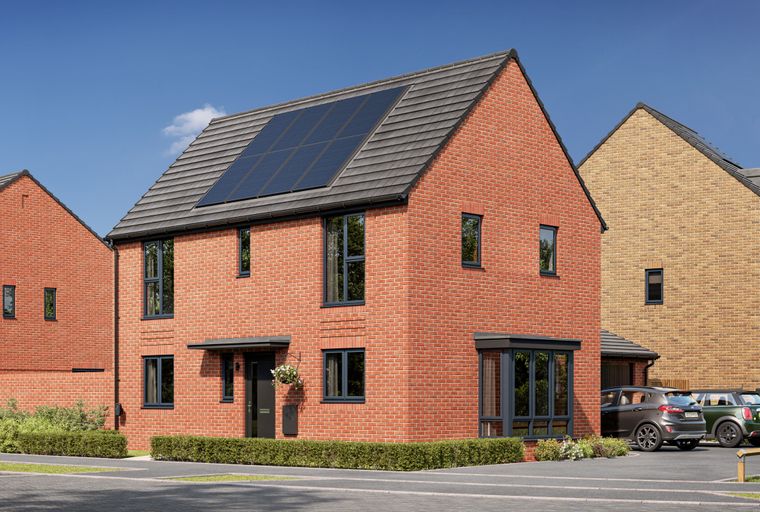 A modern brick house with solar panels on the roof, large windows, and a paved driveway with two cars.