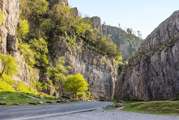 A road winds through a gorge with steep, rocky cliffs on either side and trees growing on the slopes.