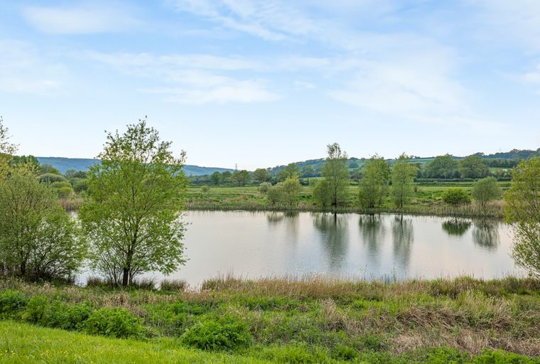A lake surrounded by trees and grassy hills under a cloudy sky.