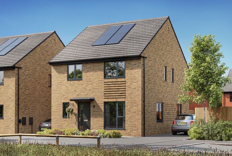 A modern brick house with solar panels on the roof, dark windows, and a front door.