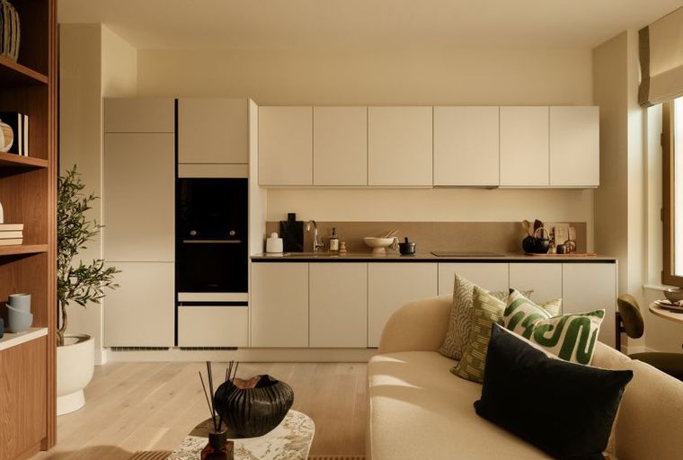 A living room and kitchen area with a sofa, kitchen cabinets, and a bookshelf.