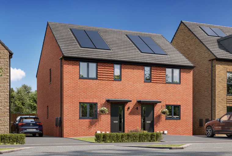 A pair of modern semi-detached brick houses with grey tiled roofs and solar panels under a blue sky.