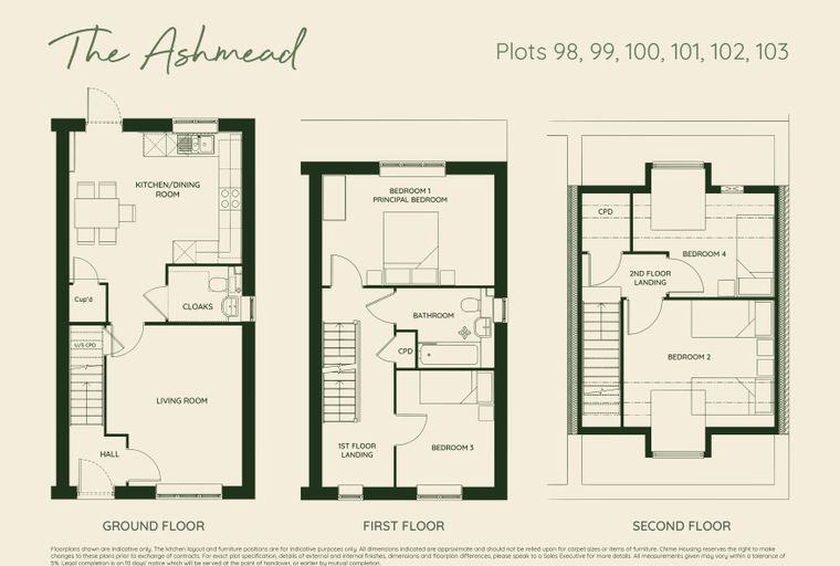 A floorplan of a multi-story house labeled 'The Ashmead' with different rooms and levels shown.