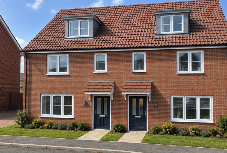 A pair of semi-detached brick houses with red tile roofs and multiple windows under a blue sky.