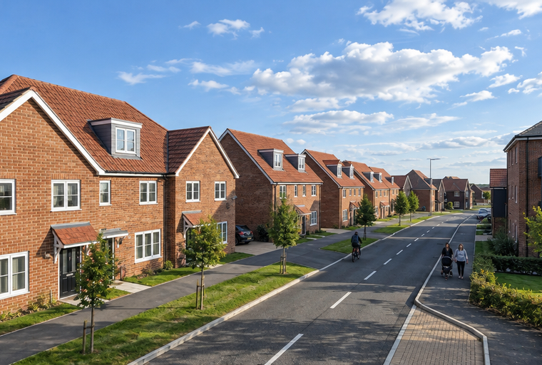 A street lined with brick townhouses under a blue sky with clouds.