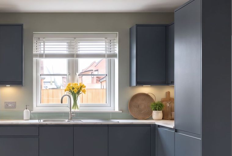 A modern kitchen with dark cabinets, a sink, and a window with blinds.