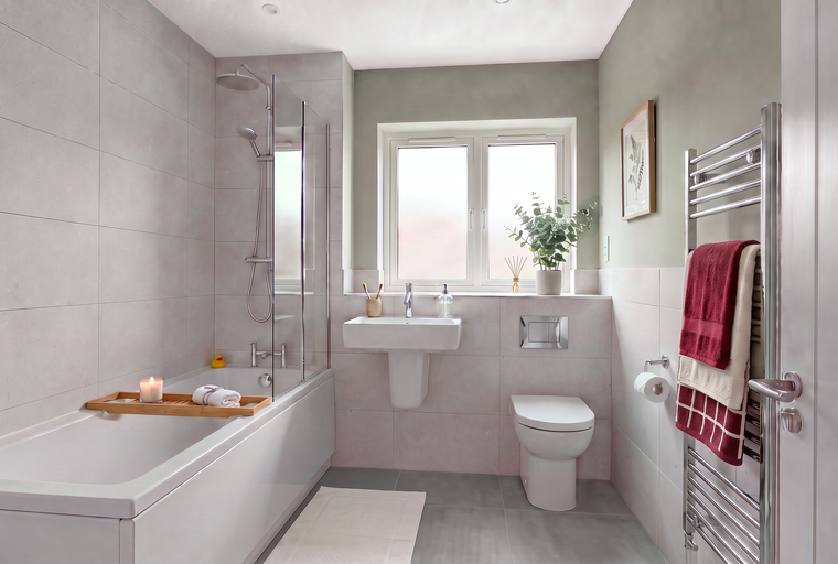 A bathroom with a bathtub, sink, toilet, and a heated towel rail.