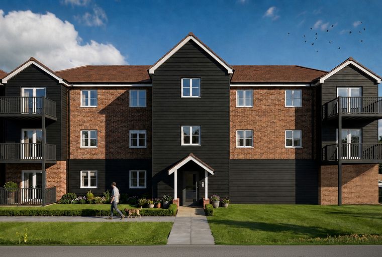 A modern apartment building with brick and dark wood siding, balconies, and a front entrance.