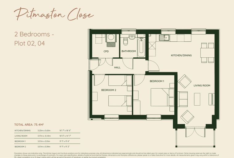 A floor plan for a 2-bedroom apartment at Pitmaston Close, Plot 02, 04, showing the layout of the kitchen/dining, living room, two bedrooms, bathroom, and hall, with dimensions provided.