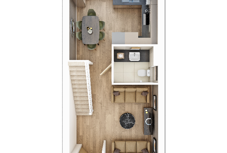 A floor plan of a townhouse with a living room, dining area, kitchen, and bathroom.