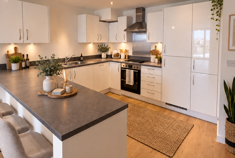 A modern kitchen with white cabinets, a grey island with bar stools, and wooden floors.