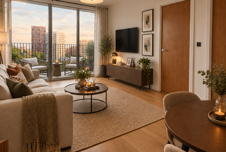 A living room and dining area with a sofa, coffee table, dining table, and a balcony overlooking a city.