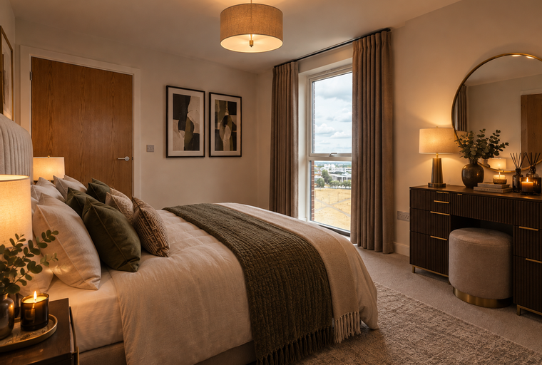 A bedroom with a bed, pillows, a blanket, a window with curtains, a dresser with a mirror, and a lamp.