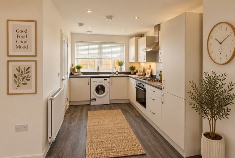 A modern kitchen with white cabinets, a washing machine, a window, and a rug on the floor.
