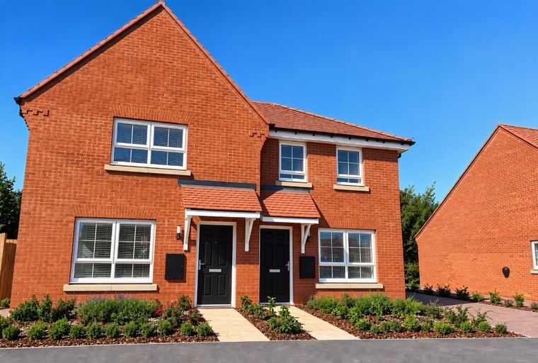 A pair of red brick semi-detached houses with black doors and white-framed windows under a clear blue sky.
