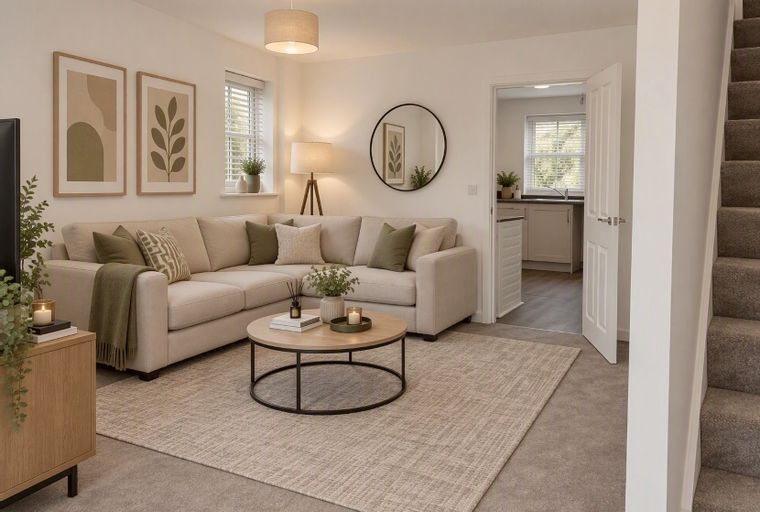 A living room with a sectional sofa, coffee table, and a doorway leading to a kitchen.