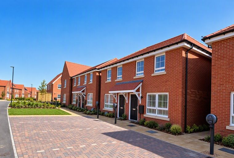 A row of new brick townhouses with red tile roofs under a clear blue sky.